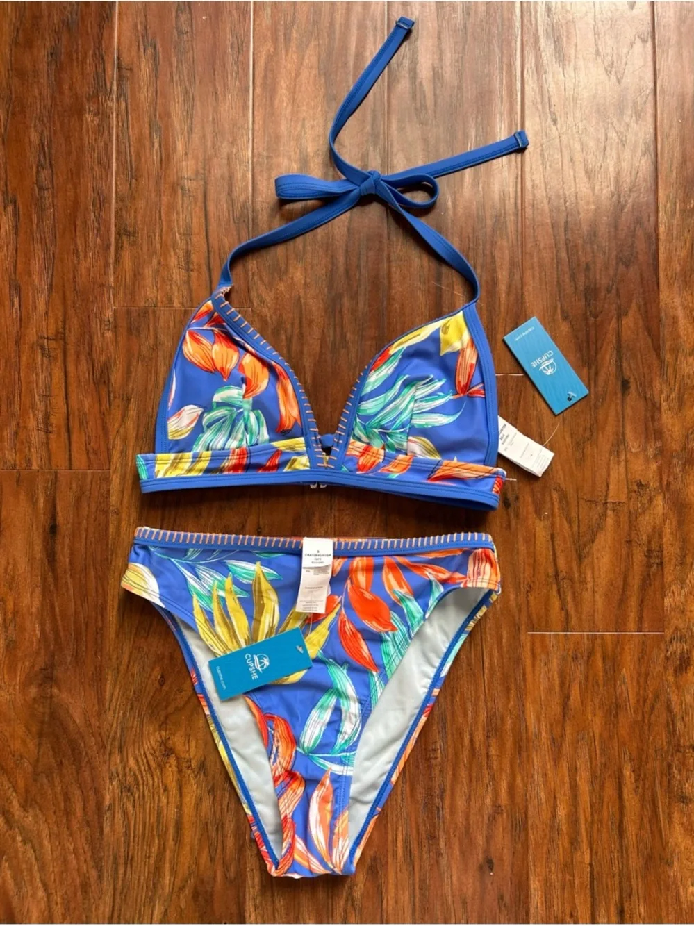 Cupshe Blue Tropical Triangle Bikini Set with Orange & Green Leaf Print - Picture 2 of 10